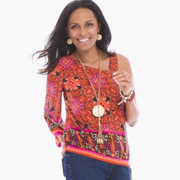 Chico’s Tops - Chico’s Zanzibar one-shoulder side-tie fiery top